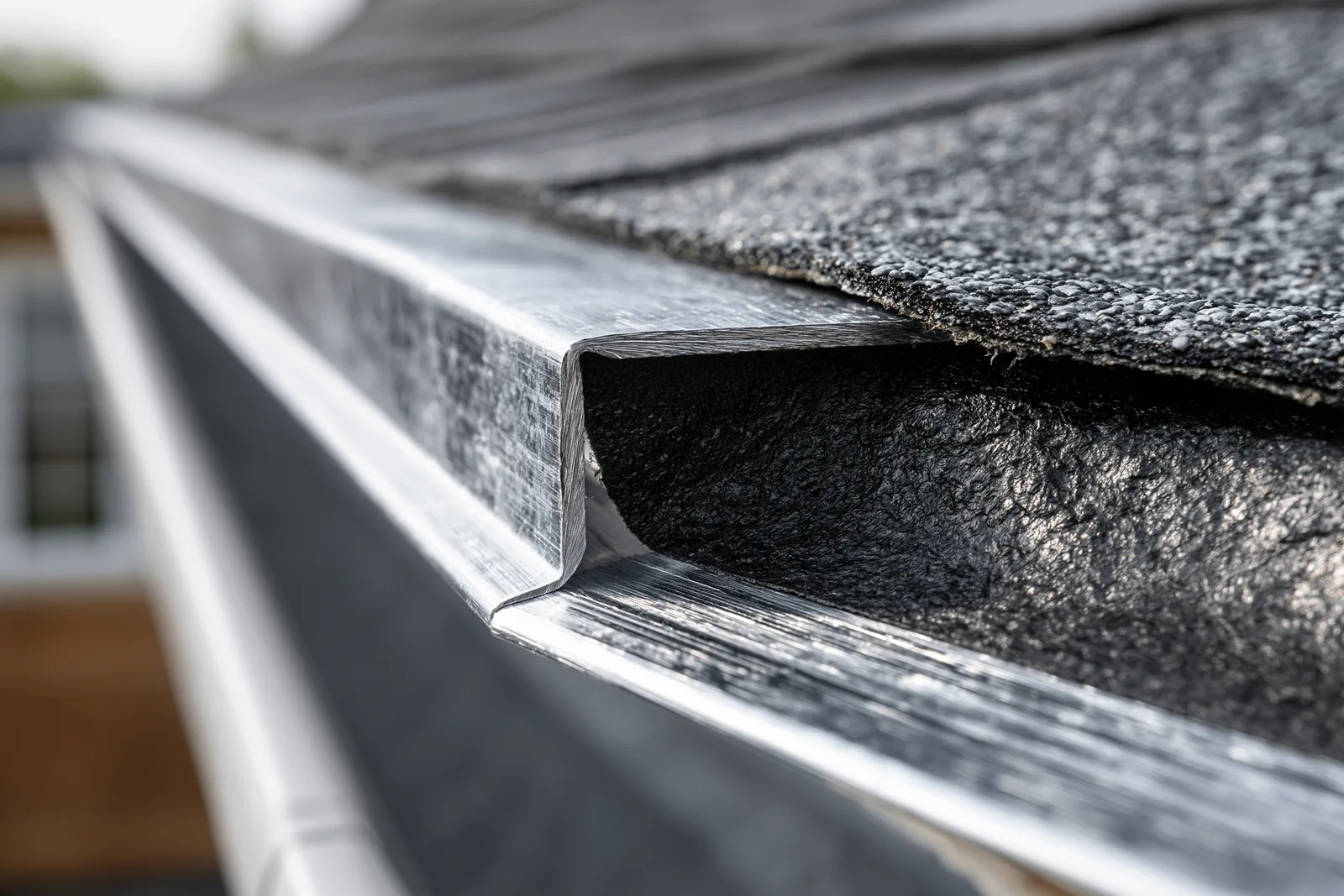 Metal drip edge flashing tucked under gray shingles at a roof eave